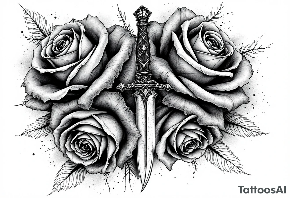Roses with a dagger through tattoo idea