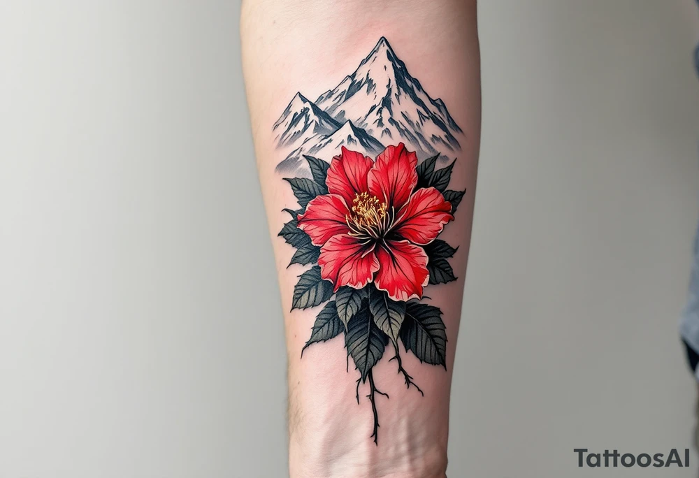 red  and black rhododendron trippy with Himalayas behind tattoo idea