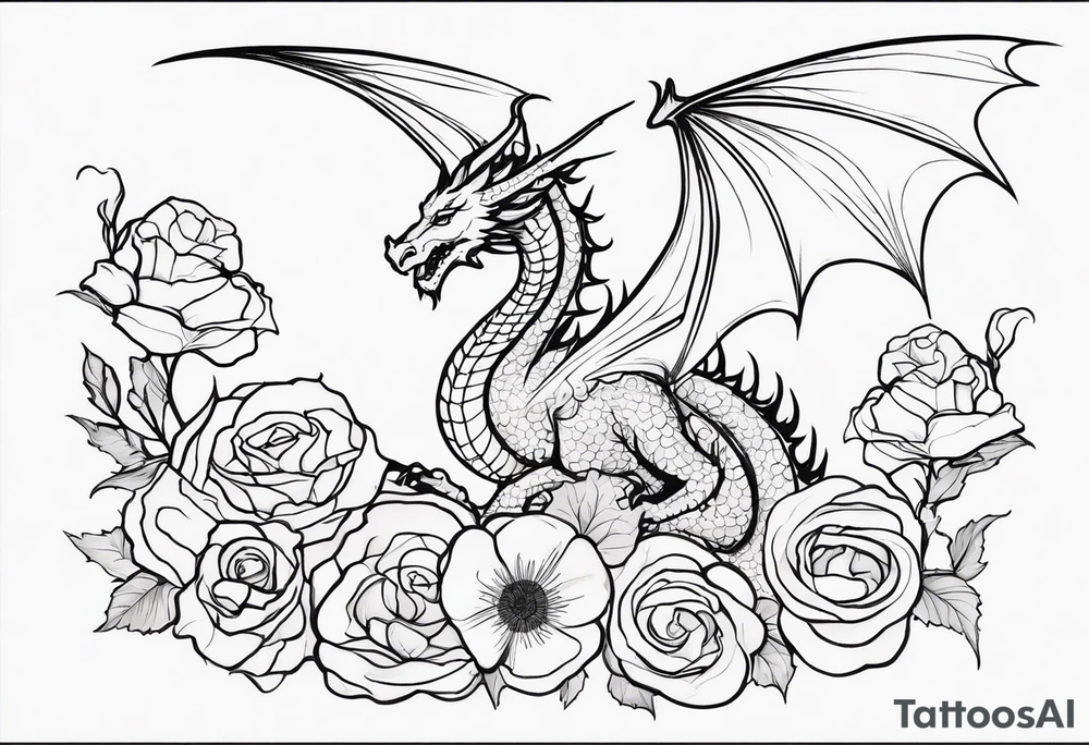I need a fluid single line vertical drawing of a winged western style dragon whose body is wrapped around a poppy rose. The dragon should be a western dragon and the drawing should be drawn as if the pencil never left the page. It needs to fit on a biceps as a tattoo and the image symbolizes a father protecting his child. tattoo idea