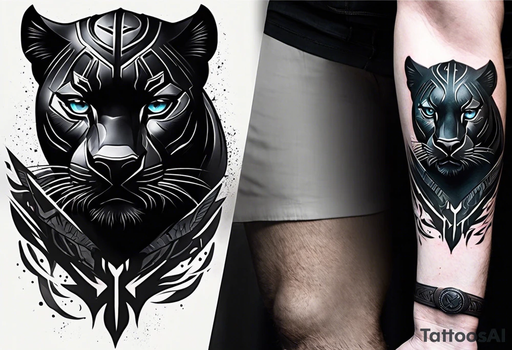 Design a unique black panther tattoo. The panther should be portrayed in a dynamic pose, showcasing its strength and grace. Its eyes should be a striking red, adding an intense and captivating element to the design. The overall composition should have an artistic flair, blending realism with abstract elements to create a visually stunning and original tattoo tattoo idea