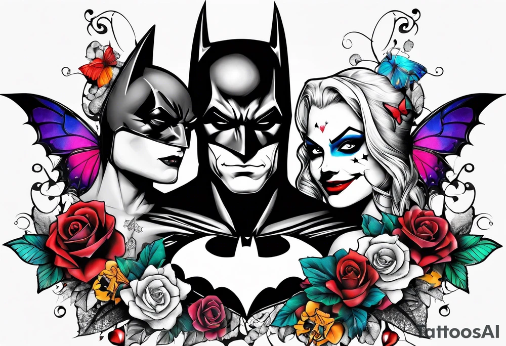 Small Batman and joker with Harley Quinn tattoo with butterflies and lots of color tattoo idea