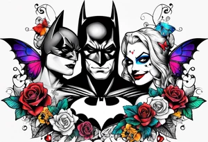 Small Batman and joker with Harley Quinn tattoo with butterflies and lots of color tattoo idea