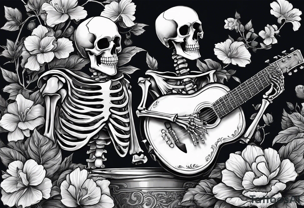 female skeleton listening to a male skeleton play guitar. The female skeleton has a ahibiscus flower behind here ear and is sitting on a korean kimchi pot. tattoo idea
