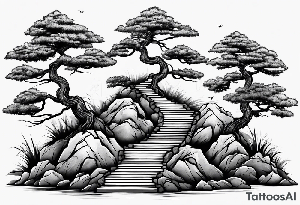 Seven stairs leading to bonsai tree tattoo idea