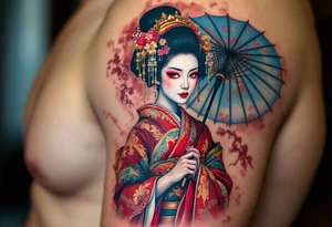 A traditional geisha in a vibrant red and gold kimono holding a delicate blue parasol. tattoo idea