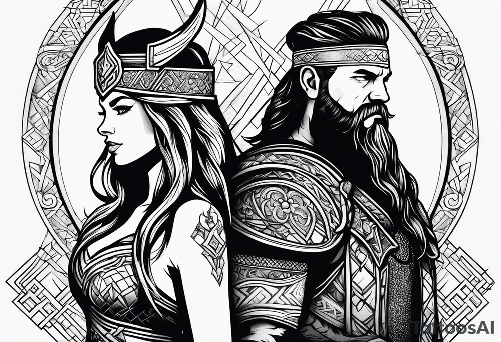 Couples tattoo, viking style queen and king tattoo idea