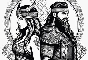 Couples tattoo, viking style queen and king tattoo idea