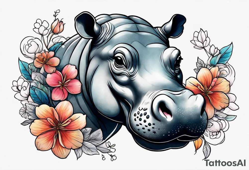 cute realistic hippo with flowers tattoo idea
