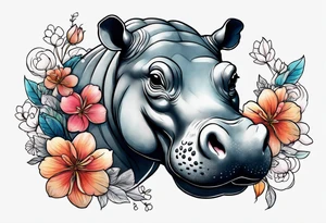 cute realistic hippo with flowers tattoo idea