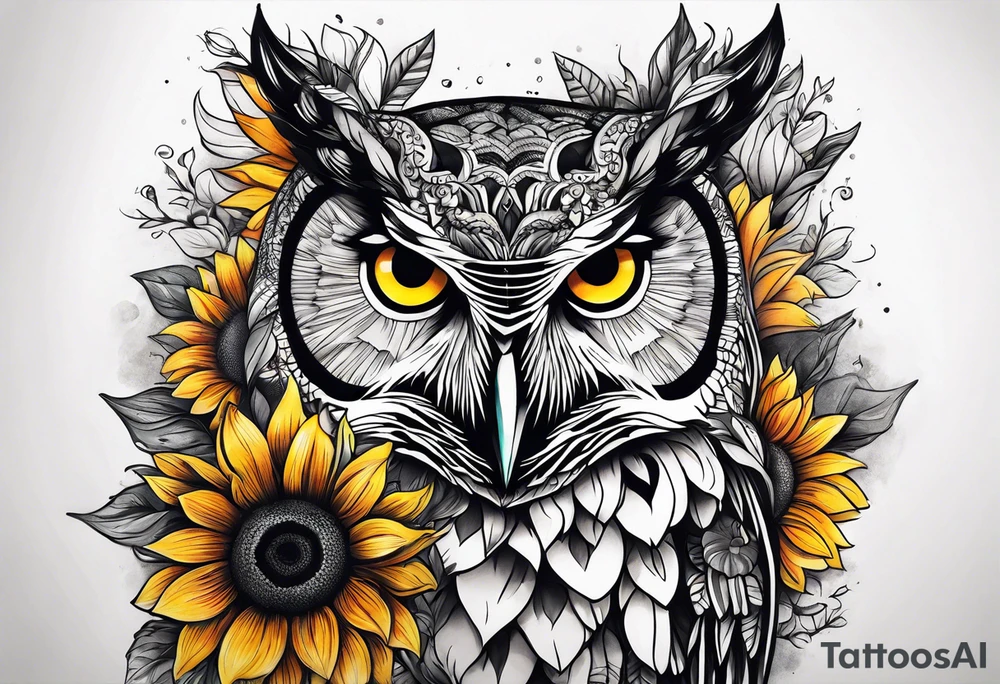 Arm sleeve with colorful sunflowers and an owl tattoo idea