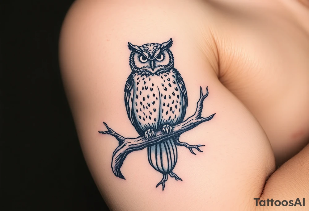 wise owl perched on ancient oak branch under starlit sky tattoo idea