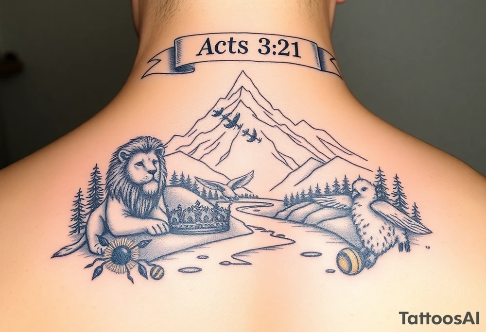 A beautiful heavenly mountain scene with a lake and river.  In it a lion, lamb, and a dove are protecting and playing with honeybees, a crown, a hammer, and a golden nugget.  An Acts 3:21 banner waves over the top of the scene tattoo idea