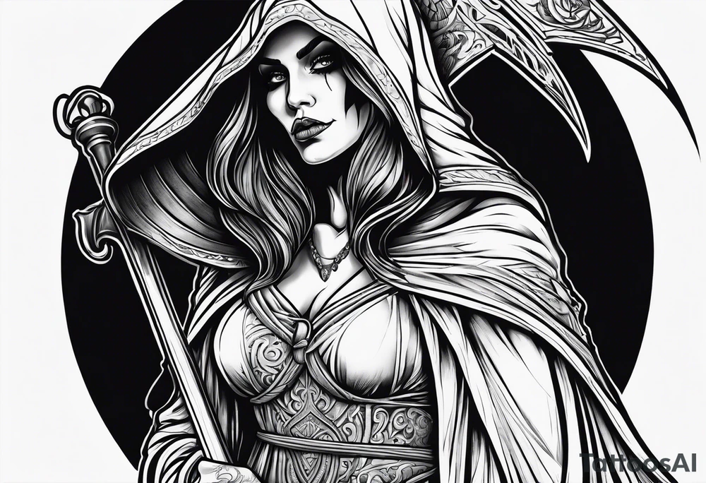 Female grim reaper full body tattoo idea