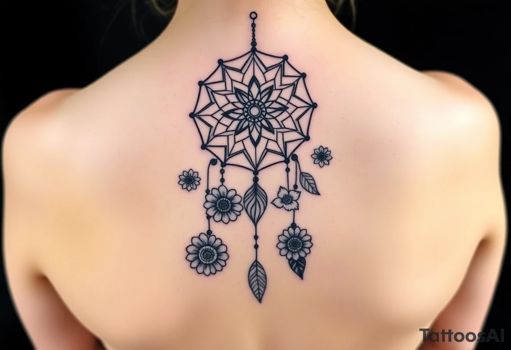 Dreamcatcher with zodiac symbols and protection runes caught in it with tigerlillies roses and sunflowers tattoo idea