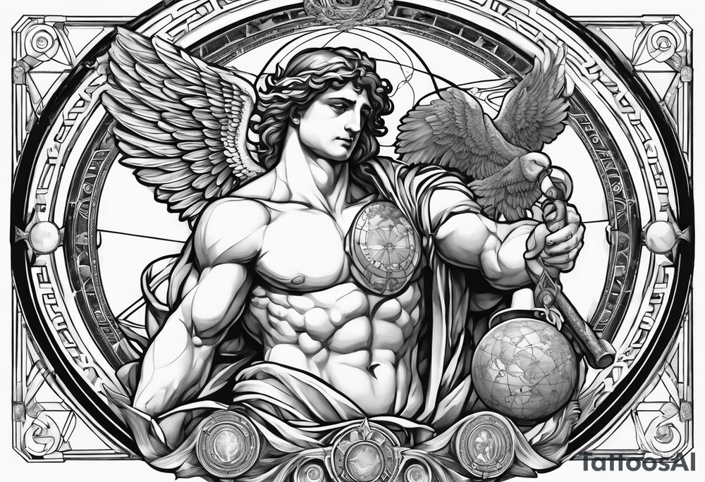 Atlas Greek god with da Vinci virtuvian man with planets and sexy guardian Angel tattoo idea