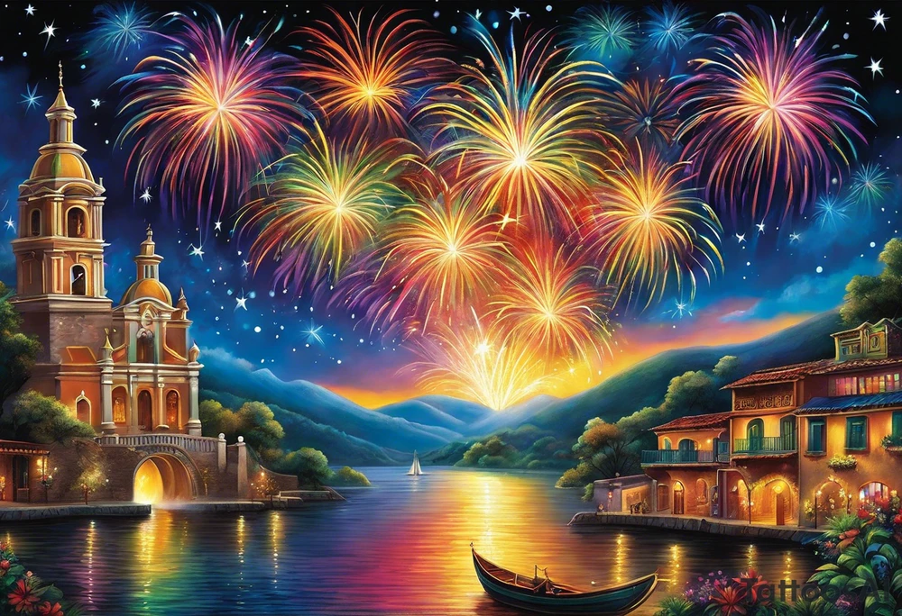 Fireworks burst across the night sky, surrounded by glowing candles and stars, capturing the magic and nostalgia of Colombian December nights. The scene is vibrant with multi-colored lights and an air of celebration. Soft linework mist or halos around the fireworks adds a magical, dreamy quality to the scene. The tattoo reflects joy and tradition, with an emphasis on warmth and festivity. tattoo idea