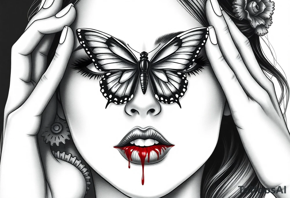 Black and grey realism tattoo design of a beautiful woman's face. And a butterfly landing g on her on the upper bridge of her nose so that the lower wings of the butterfly is covering both her eyes  the butterflys right lower wing is covering her right eye and the lower left of the butterfly wing is covering her left eye  (see no evil), she is bitting on her lip hard to where it is bleeding bright red(speak no evil). Wuth her left hand iver her left ear and her right hard over her right ear ( hear no evil )The style is black and grey realism, hyper-realistic, dark, and evil. Incorporate ninja gear elements and mechanical details (gears) subtly into the background or clothing for a gear ninja evil look. Design for a full forearm sleeve placement tattoo idea