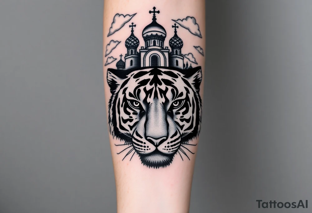 Realistic tiger face on the back of the hand with its eyes ALL black and no pupils, sitting beneath a Russian Orthodox cathedral sitting above on the top fore arm with onion domes and orthodox crosses. with clouds above and a virgin mary tattoo idea