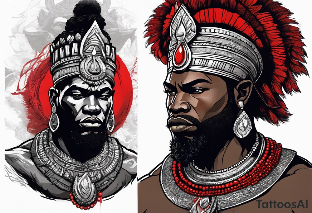 african god of war,  wearing a small silver crown and wearing a red necklace tattoo idea