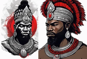 african god of war,  wearing a small silver crown and wearing a red necklace tattoo idea