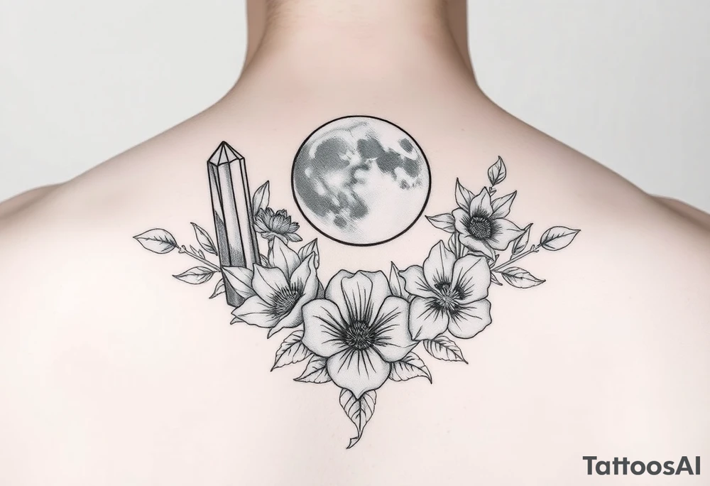 crystals and the moon and flowers tattoo idea