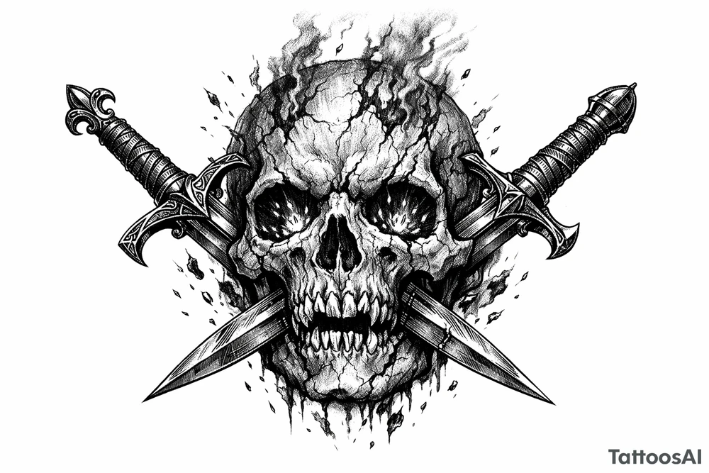 A weathered skull with burning embers, two ornate swords piercing its jaw. tattoo idea