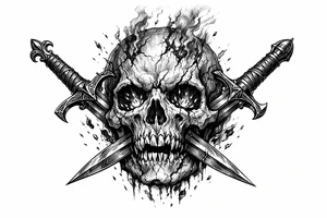 A weathered skull with burning embers, two ornate swords piercing its jaw. tattoo idea