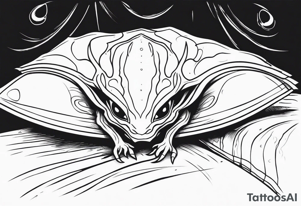 scary alien-like creature hiding under the bed tattoo idea