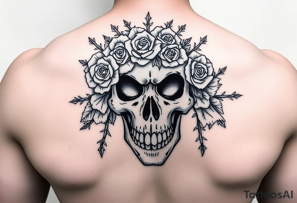 ornate skull adorned with crown of wild roses and thorns tattoo idea