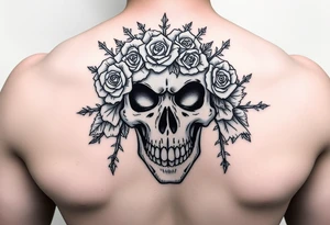 ornate skull adorned with crown of wild roses and thorns tattoo idea