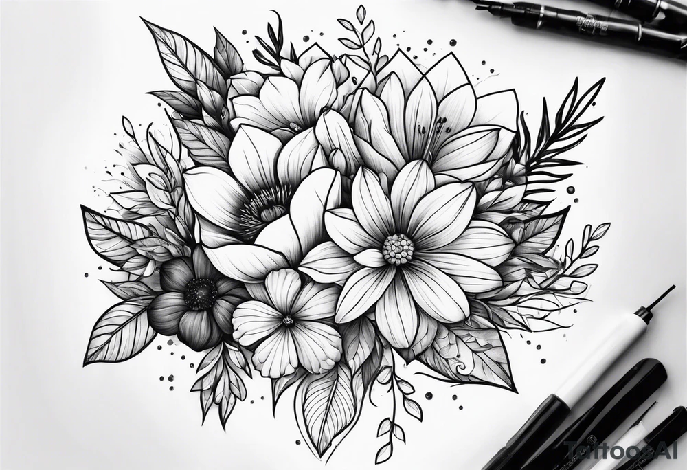 Flower bouquet on outer upper arm tattoo idea