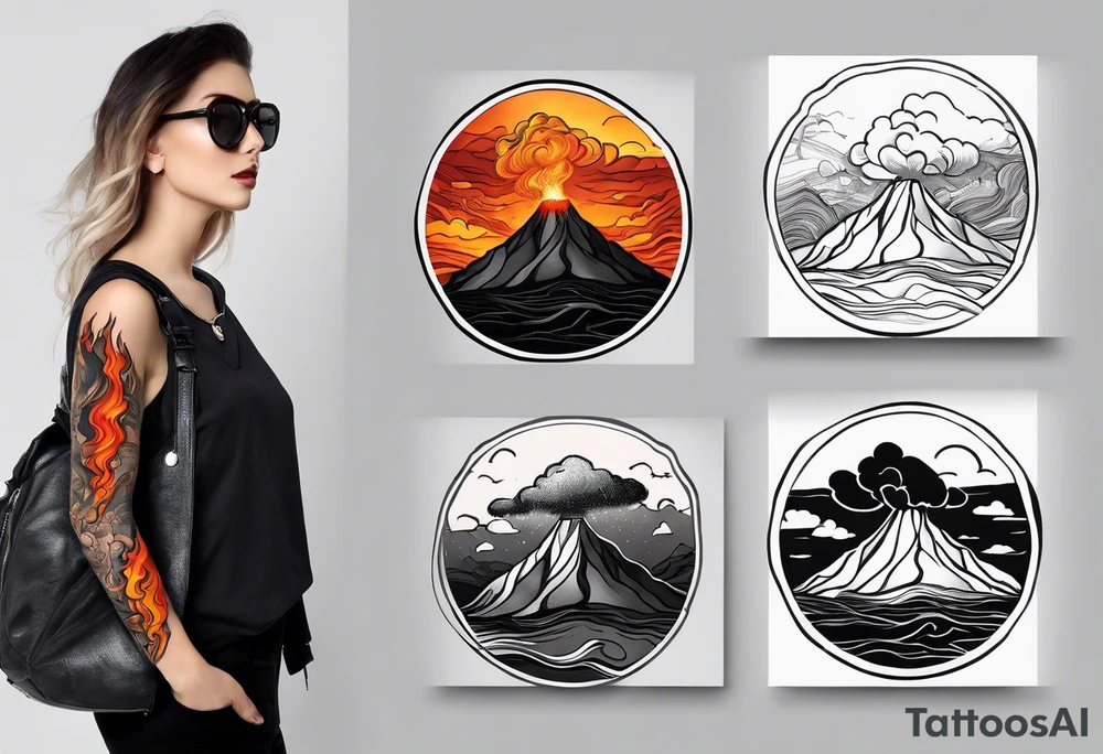 Draw a sketch of a volcanic eruption tattoo as a bracelet on the arm, in a realistic style with lava flowing from it, without a cartoon style and few colors tattoo idea