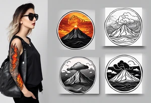 Draw a sketch of a volcanic eruption tattoo as a bracelet on the arm, in a realistic style with lava flowing from it, without a cartoon style and few colors tattoo idea