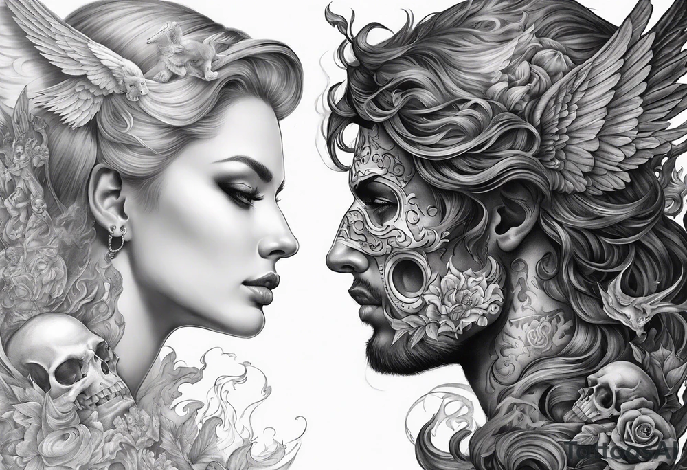 Angels vs demons full sleeve with skulls and fire and smoke for filler tattoo idea