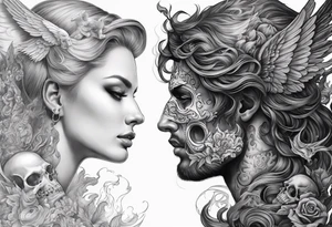 Angels vs demons full sleeve with skulls and fire and smoke for filler tattoo idea