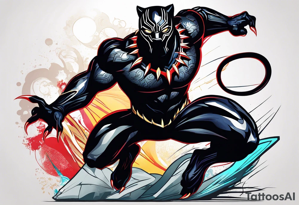 unique black panther tattoo, dynamic pose, showcasing its strength and grace, striking red eyes, intense and captivating elements, artistic flair, blending realism with abstract elements tattoo idea