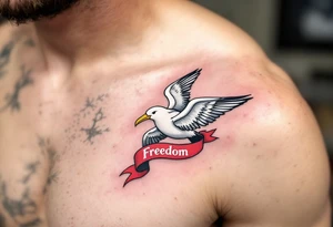 Traditional Albatross with Banner – A classic tattoo-style albatross with a bold black outline, white feathers, yellow beak, and a red ribbon banner below reading “Freedom.” tattoo idea