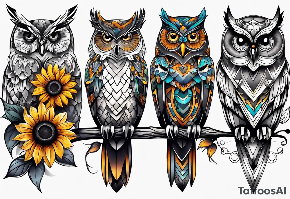 Owl, butterfly and sunflower are sleeve tattoo idea