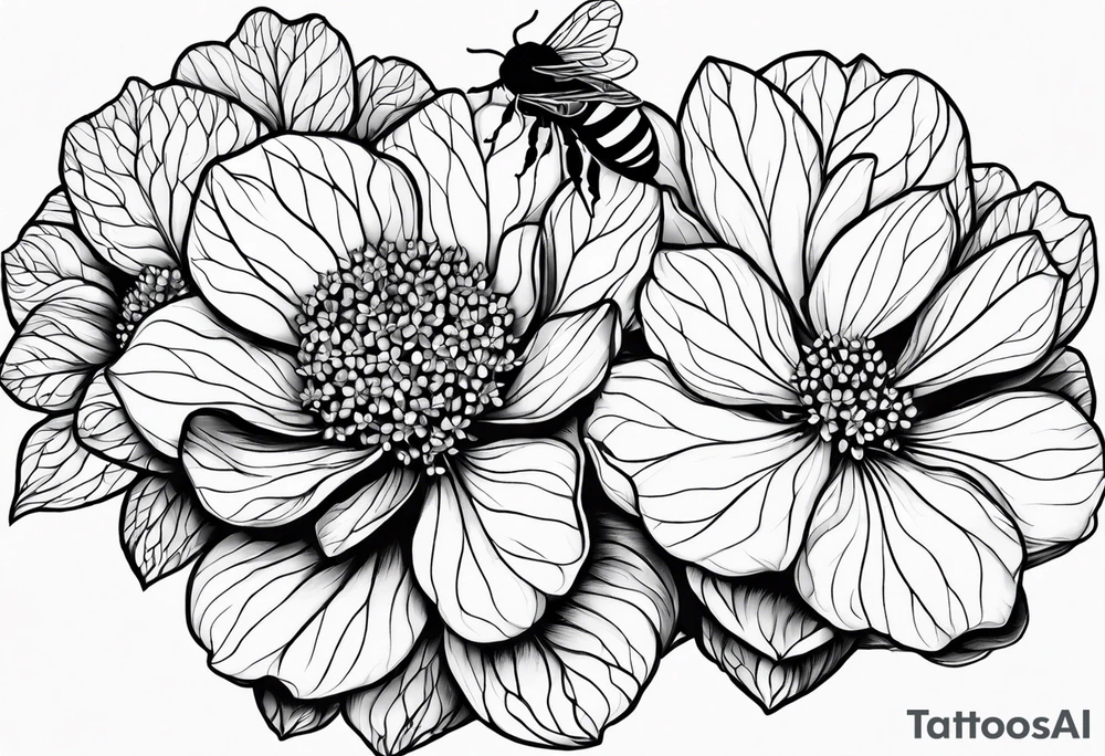 3 in by 2 in minimalist no color tattoo for forearm of a Hydrangea and a very small bee. tattoo idea