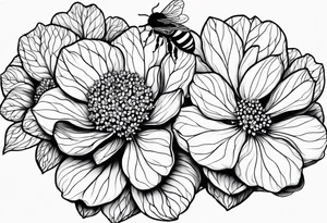 3 in by 2 in minimalist no color tattoo for forearm of a Hydrangea and a very small bee. tattoo idea