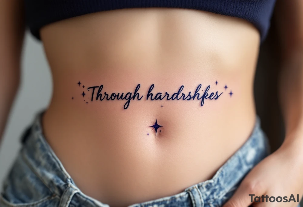 The quote “Through hardships To the stars” flows in navy ink around a violet galaxy, etched along the ribs. tattoo idea