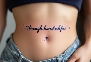 The quote “Through hardships To the stars” flows in navy ink around a violet galaxy, etched along the ribs. tattoo idea
