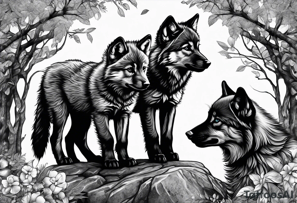 2 wolf cubs adoring and cute (one female, one male) tattoo idea