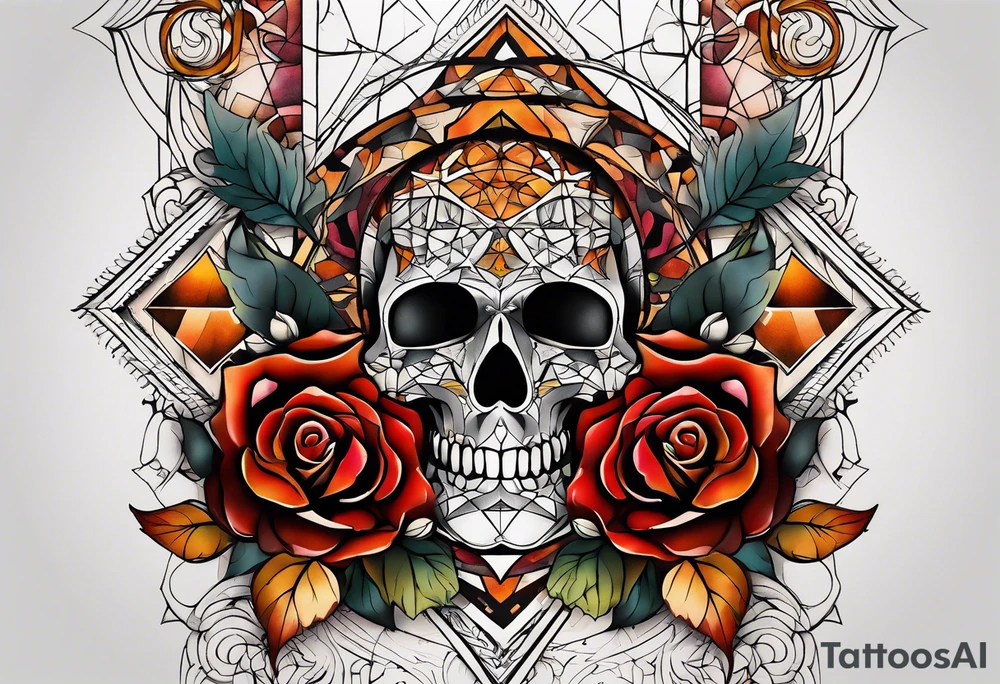 knee tattoo with sacred geometry, roses and swirl washes in background in fall colors tattoo idea