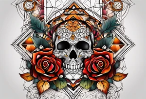knee tattoo with sacred geometry, roses and swirl washes in background in fall colors tattoo idea