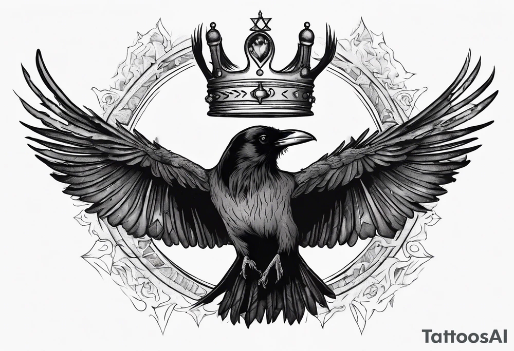 Cunning Raven wearing a Crown flying towards the Sun. Mystic. tattoo idea