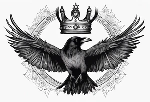 Cunning Raven wearing a Crown flying towards the Sun. Mystic. tattoo idea