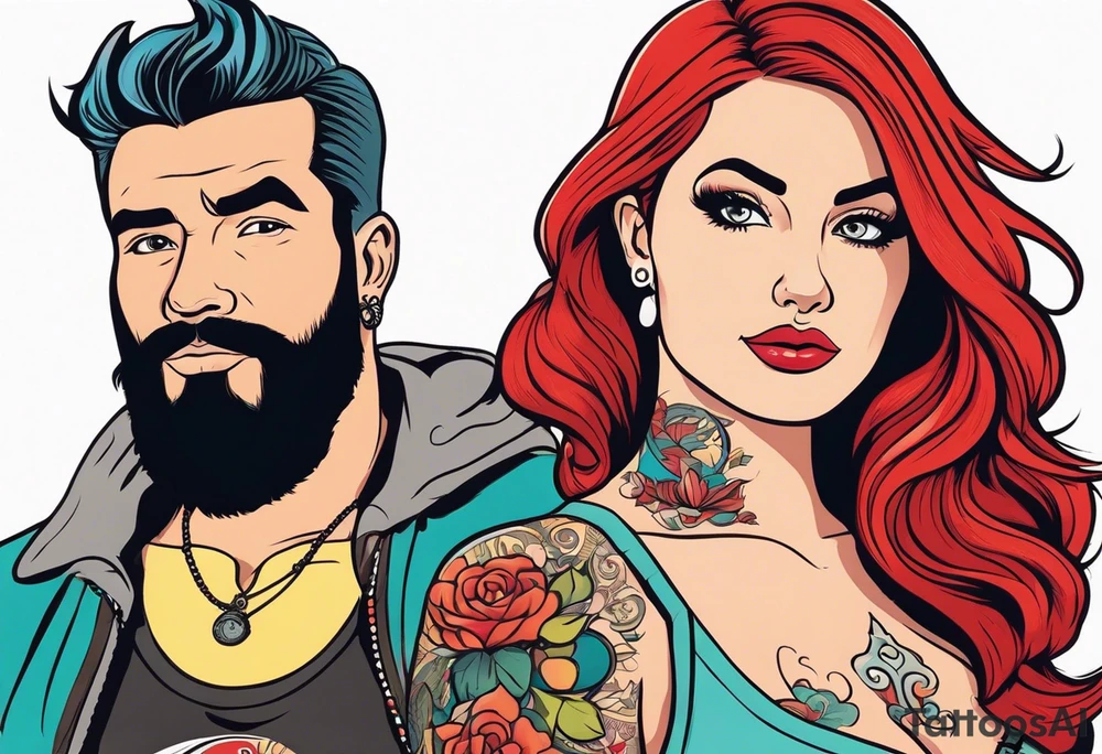 Busty red haired woman with a bearded man who has black hair tattoo idea