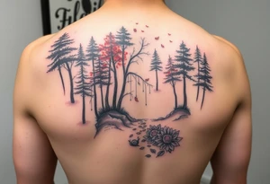 colorful fall themed womans sleeve forest, trees, falling leaves and rain, a small snail or two, a creek and some fall themed flowers as filler tattoo idea