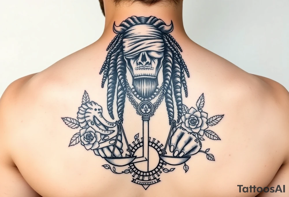 Slyph with dreads wearing blind fold and ankh pendant with tattoos holding weighing scales with the sun and moon rose vines surrounding and Anubis guarding tattoo idea